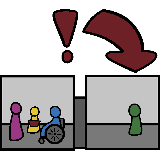 Two rooms with a small area connecting them. One has three figures in it, and the other has just one, with an arrow and an exclamation point above that room.